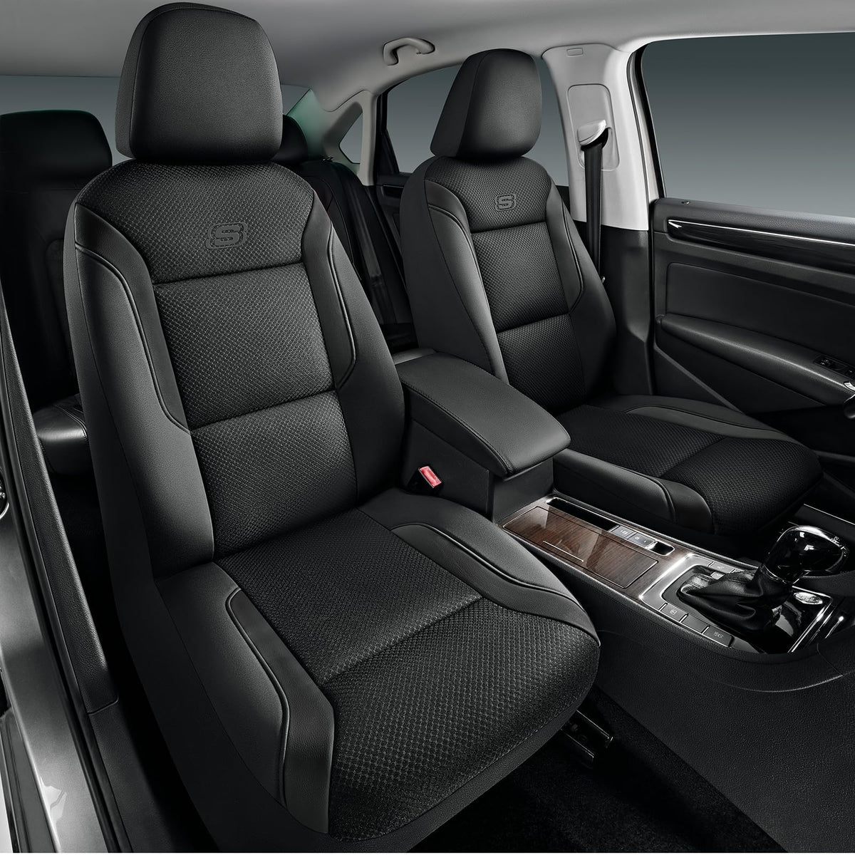 Memory Foam Car Seat Covers, Leather & Mesh Thick Protection, Black Front Cover, Airbag Compatible, Automotive Comfort & Protection for Most Cars, Trucks, SUVs, Black & Memory Foam (SK01055)