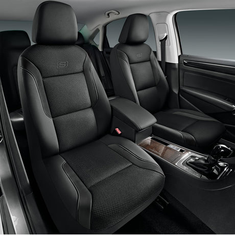 Memory Foam Car Seat Covers, Leather & Mesh Thick Protection, Black Front Cover, Airbag Compatible, Automotive Comfort & Protection for Most Cars, Trucks, SUVs, Black & Memory Foam (SK01055)