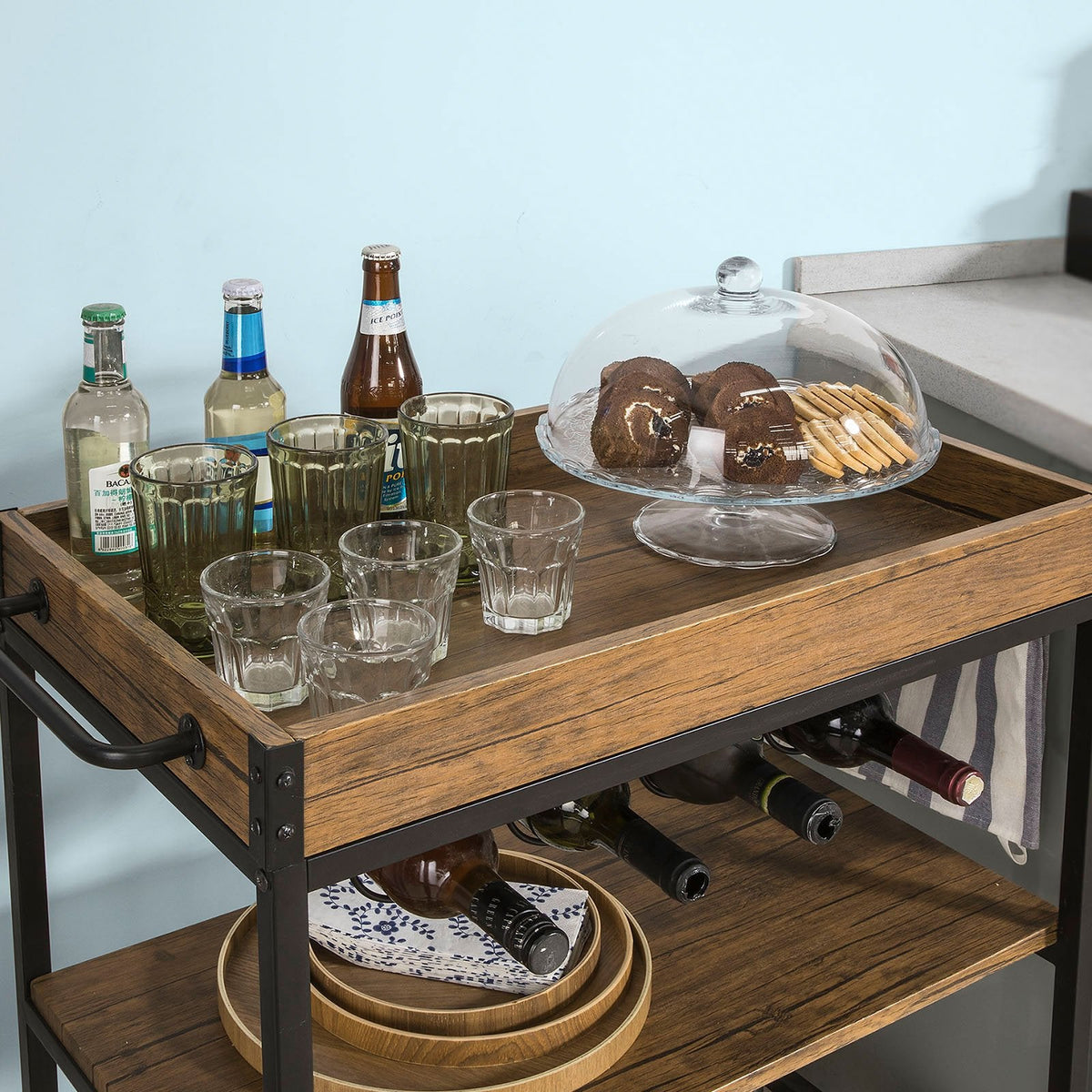 3-Tier Industrial Serving Cart with Removable Tray