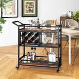 3-Tier Bar Cart on Wheels, Serving Cart w/Wine Rack & Glasses Holder, Heavy-Duty Metal Frame Mobile Drink Cart, Rolling Beverage Storage Cart w/Lockable Wheels for Kitchen, Dining Room