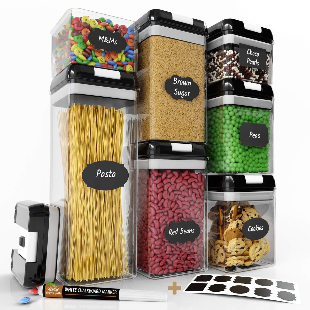 Airtight Food Storage Container Set - 7 PC Set - Chalkboard Labels & Marker - Kitchen & Pantry Containers - BPA-Free - Clear Plastic Canisters with Improved Durable Lids