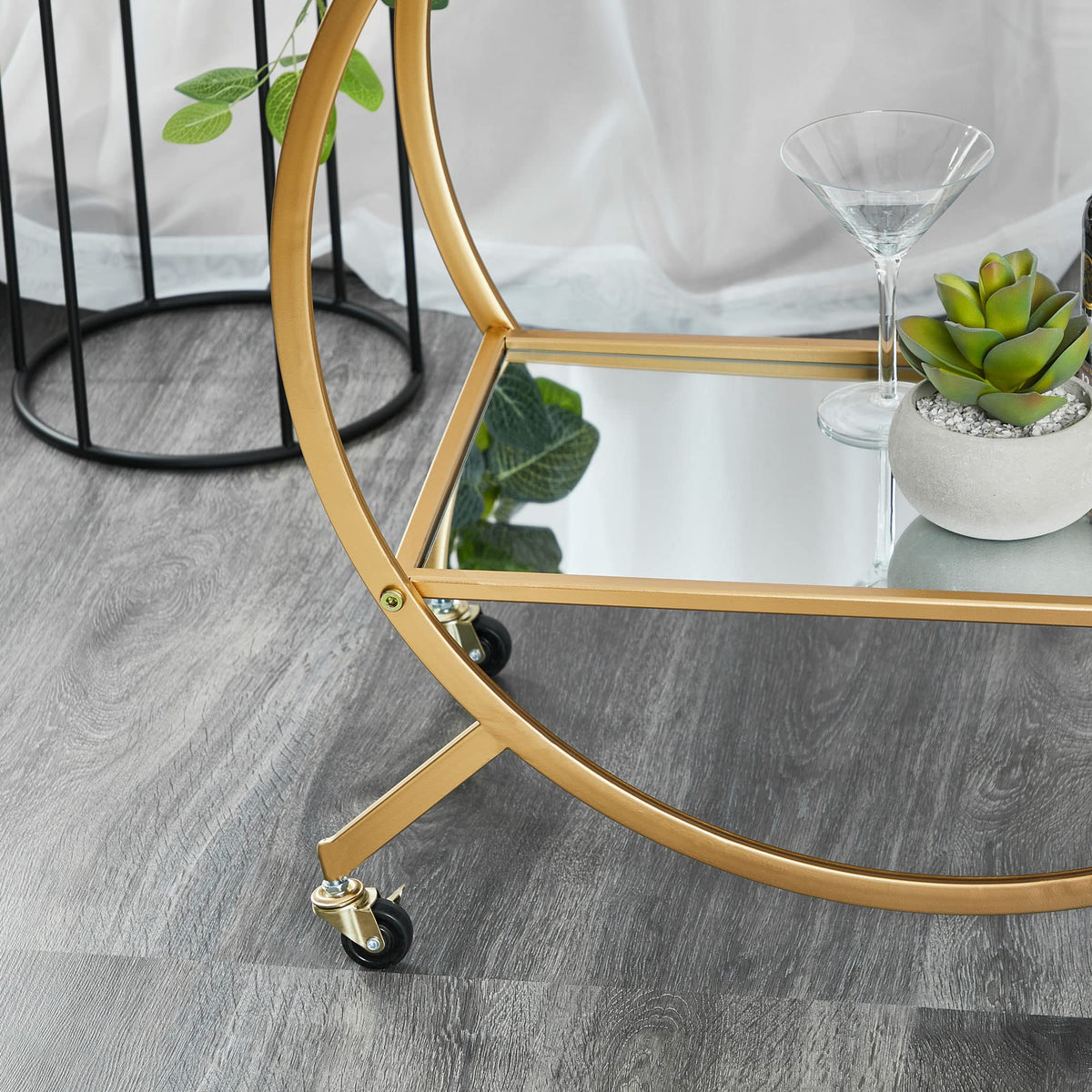 Gold Steel Bar Cart with Glass Rack