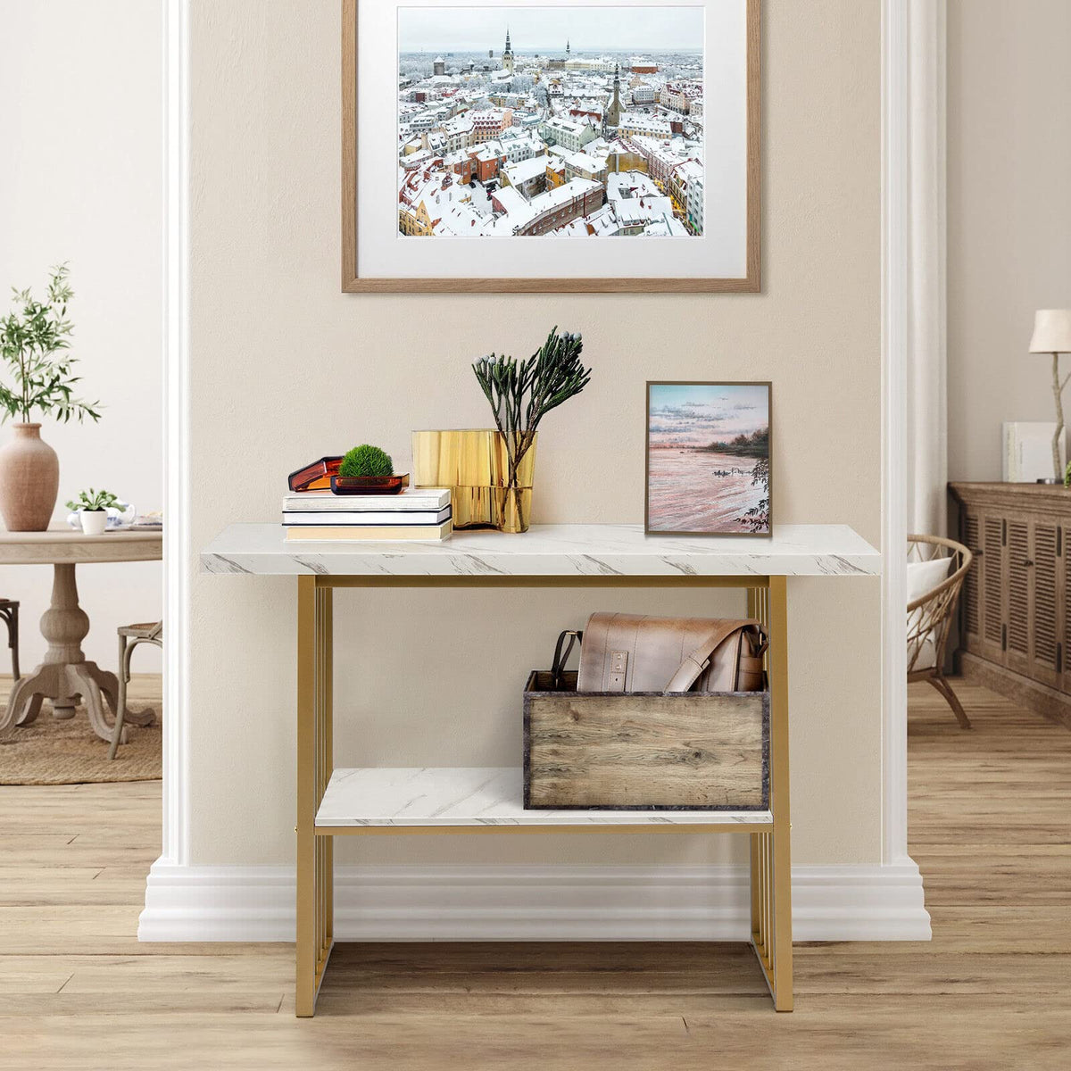 2-Tier Faux-Marble Console Table – White & Gold