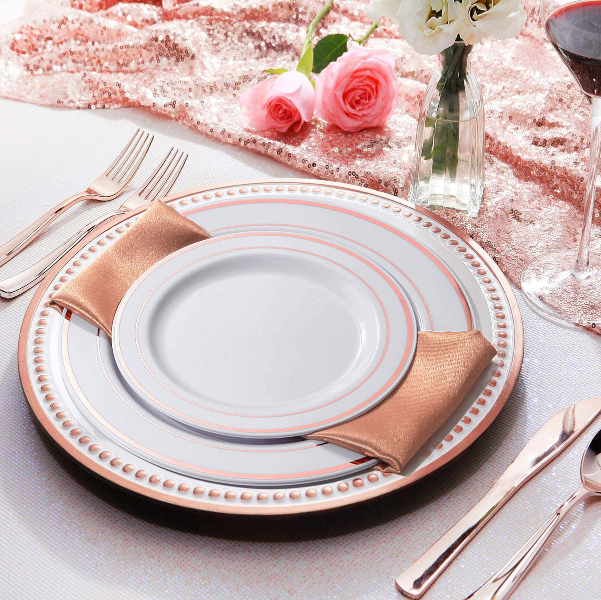 200 Pieces Disposable Dinnerware Set Include Rose Gold Plastic Plates, Rose Gold Silverware, Rose Gold Cups, Linen Like Paper Napkins, Service for 25 Guests, Enjoylife (Rose Gold)