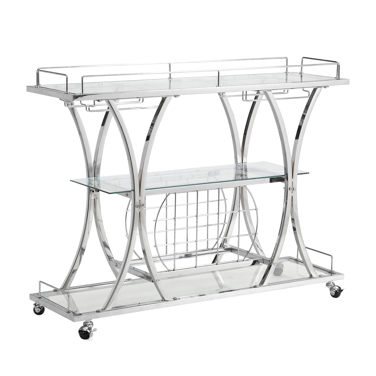 Chrome Stainless Steel & Glass Shelves Bar Cart Holders with 12 Glasses and 11 Wine Bottles, Silver