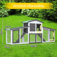 Long Grey Two-Level Fir-Wood Small-Animal Hutch – 204 × 45 × 85 cm