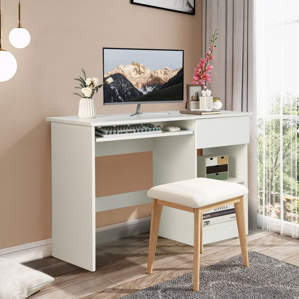 Computer Desk with Drawer, Keyboard Tray & Shelves