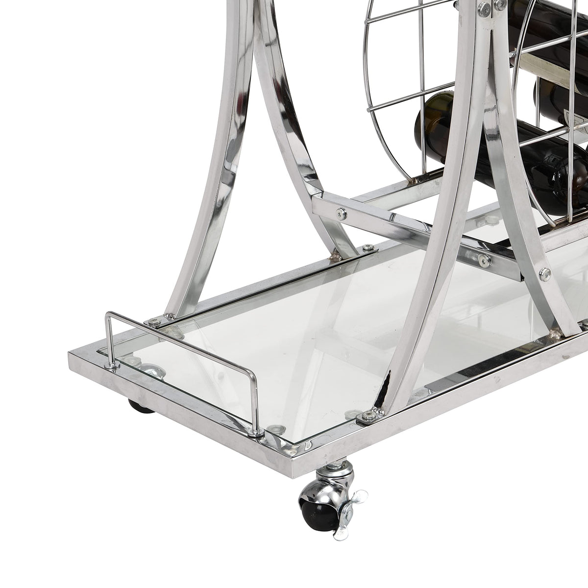 Chrome Stainless Steel & Glass Shelves Bar Cart Holders with 12 Glasses and 11 Wine Bottles, Silver