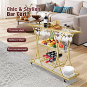 3-Tier Gold Bar Cart with Glass & Wine Racks