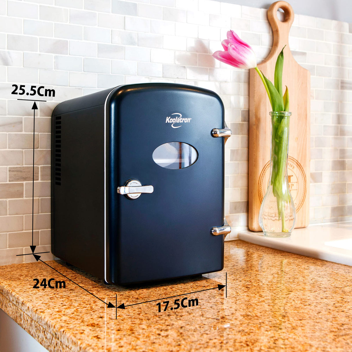 Koolatron Retro 4L 6 Can Portable Mini Fridge, Compact Car Refrigerator, Skincare Cosmetic Beauty Makeup Personal Cooler 12V and AC Cords Desktop Accessory for Bedroom Home Office Travel (Black)