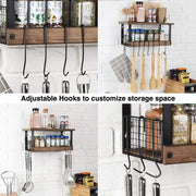 Rustic Torched Wood Kitchen Storage Shelf Wall Mount Organizer Stand with 8 Hanging Removable Hooks and 2 Shelves