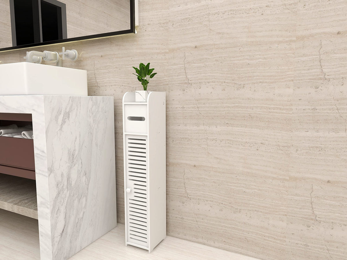 Slim Bathroom Cabinet with Toilet-Roll Holder & Shelves