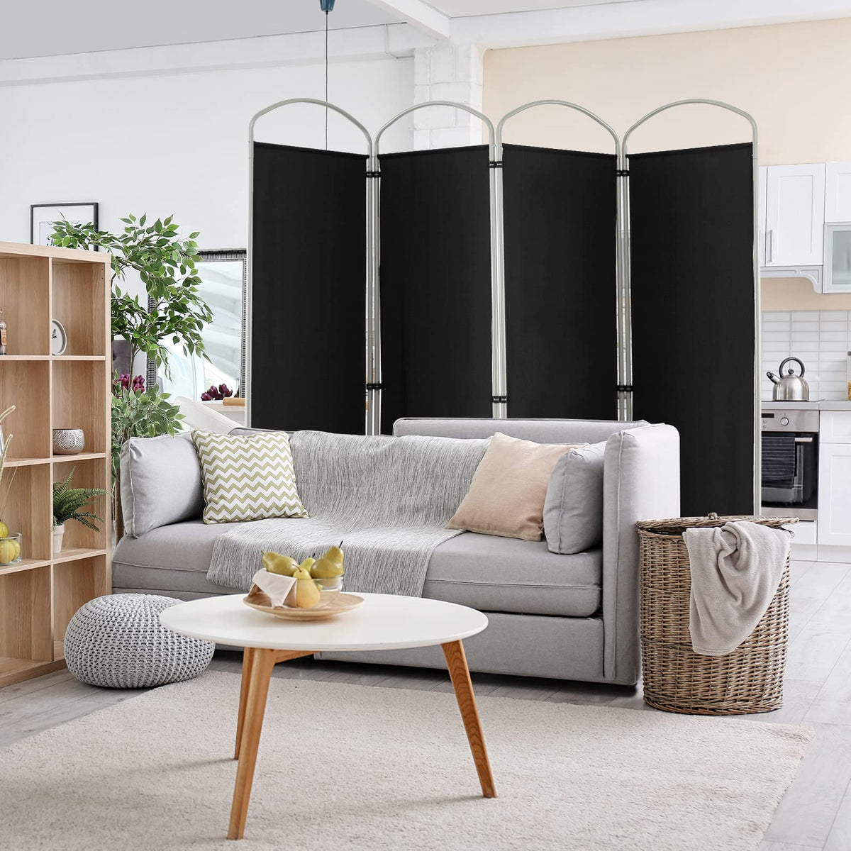 221 × 188 cm 4-Panel Black Fabric Room Divider