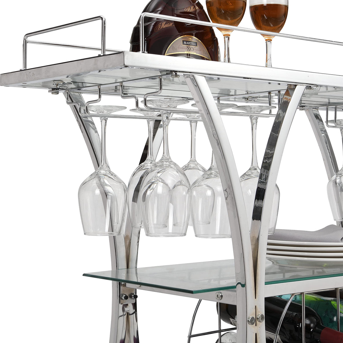 Chrome Stainless Steel & Glass Shelves Bar Cart Holders with 12 Glasses and 11 Wine Bottles, Silver
