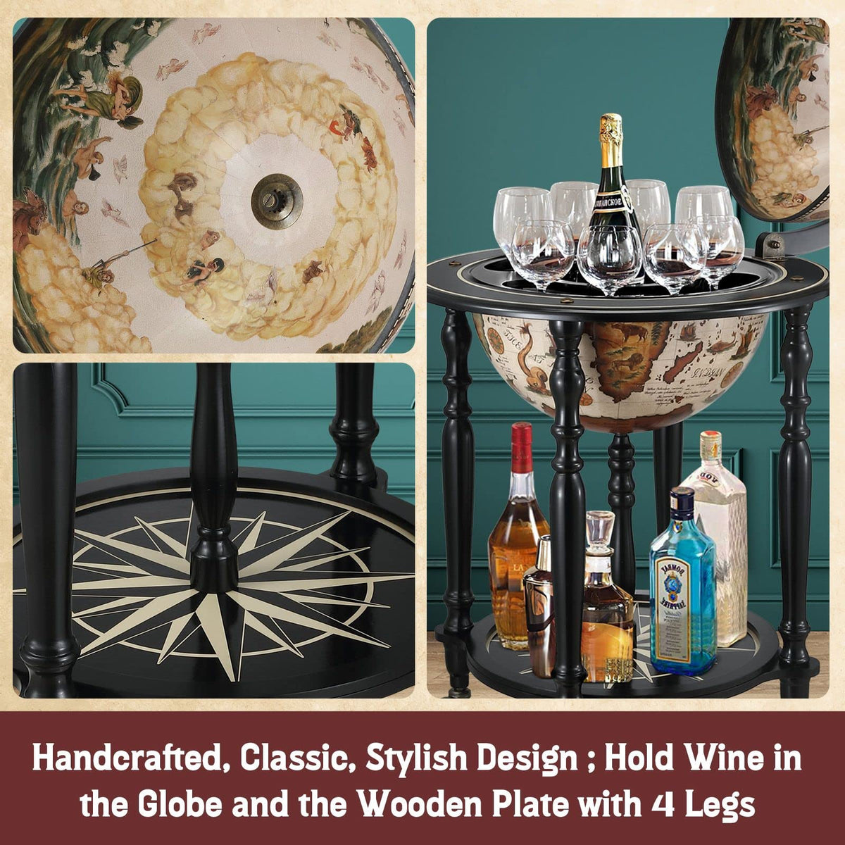 Antique-Style Globe Drinks Trolley with Bottle Storage