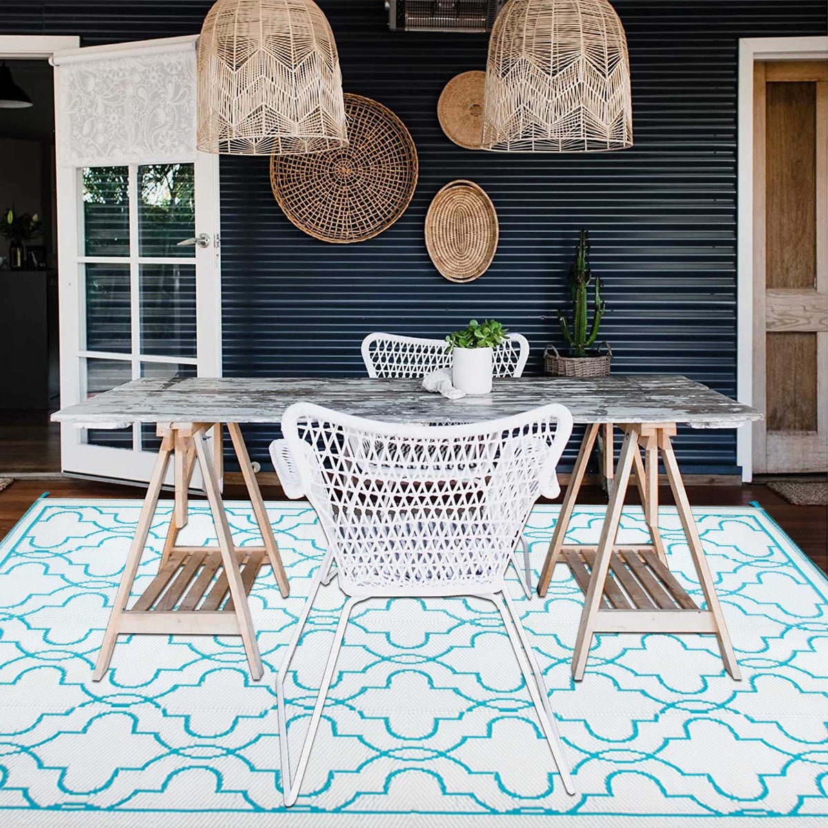 150 × 245 cm Aqua-Blue Reversible Outdoor Rug