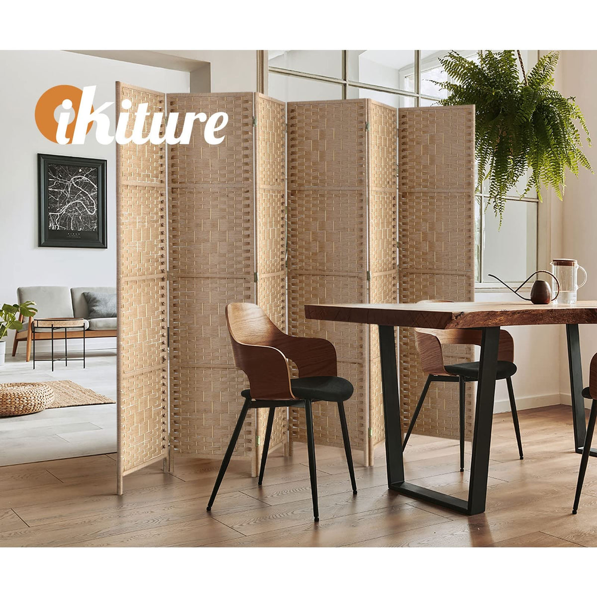 6-Panel Pine & Woven-Rattan Room Divider – 170cm