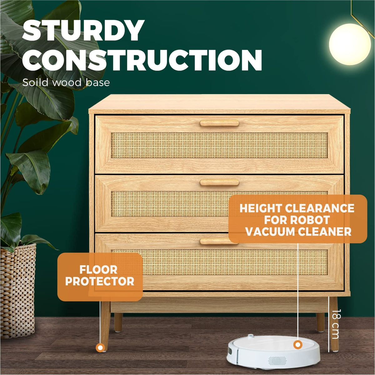 3-Drawer Rattan Tallboy Storage Cabinet