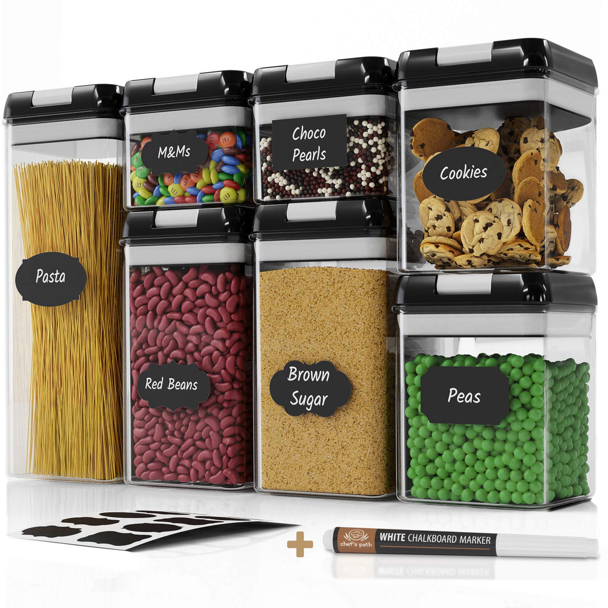 Airtight Food Storage Container Set - 7 PC Set - Chalkboard Labels & Marker - Kitchen & Pantry Containers - BPA-Free - Clear Plastic Canisters with Improved Durable Lids