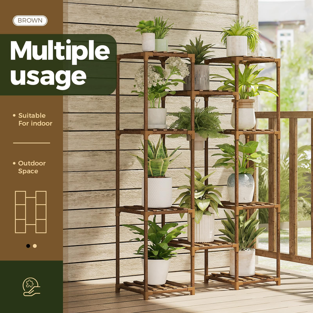 10-Shelf Eucalyptus Wood Plant Stand