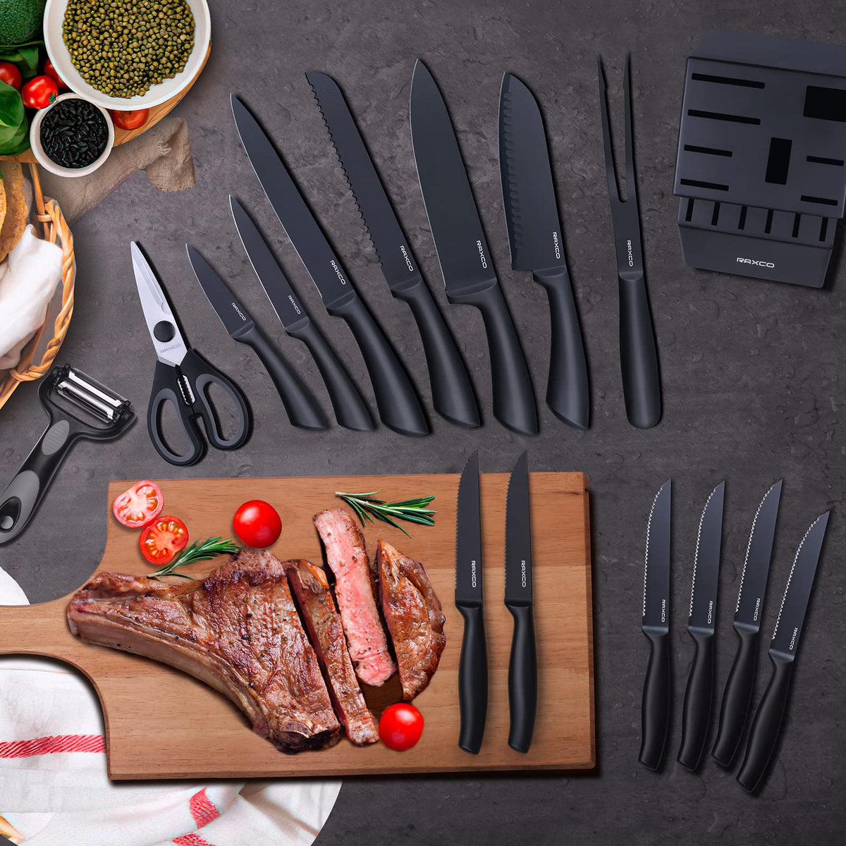 19-Piece Black Kitchen Knife Set with Oak Storage Block
