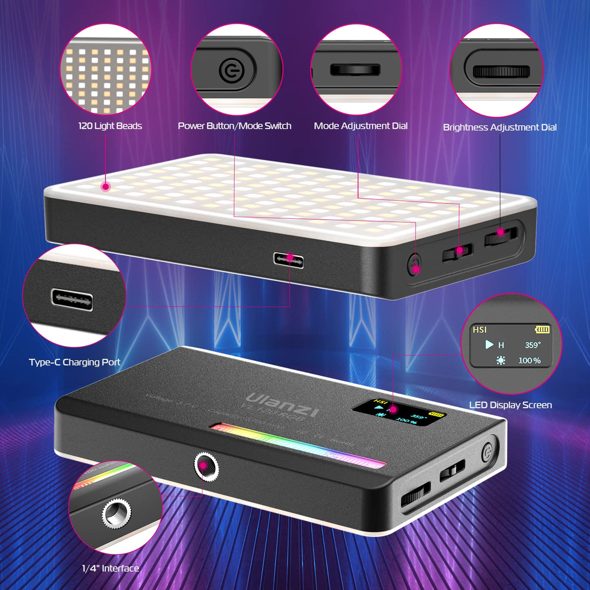 VL120 RGB LED Video Light, 360° Full Color Portable Camera Light, CRI 95+ 2500-9000K Dimmable Panel Lamp w LCD, 3100mAh Rechargeable DSLR Lighting for Vlogging, Photography, Video Conference