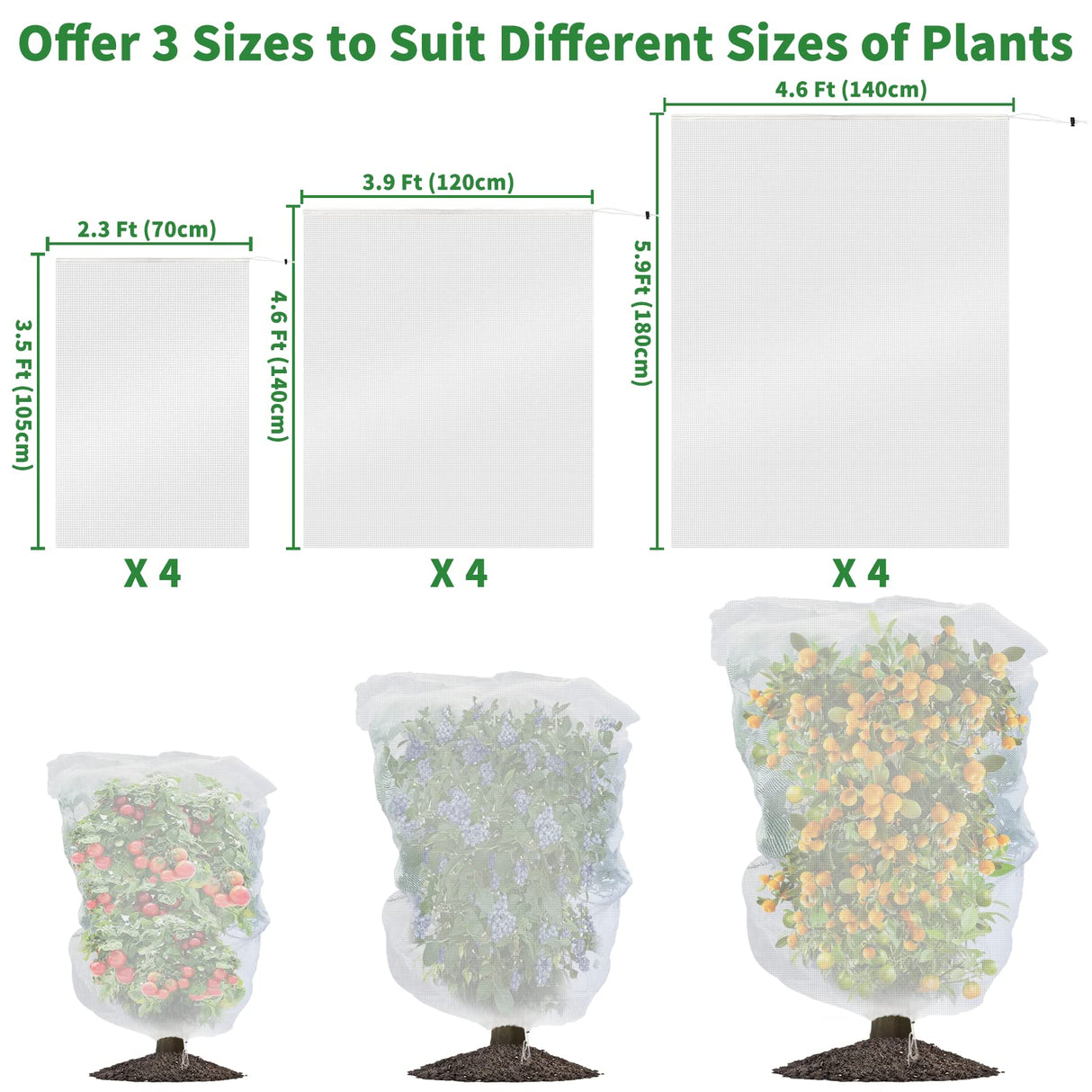 4 Pack Fruit Protection Bags with Drawstring, Garden Netting Plant Covers, 3.5 Ft x 2.3 Ft Perfect for Tomato Netting Cover Garden Plant Barrier Netting Bags for Vegetables Fruits Flower