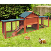 210 cm Fir-Wood Two-Level Small-Animal Hutch with Mesh Run