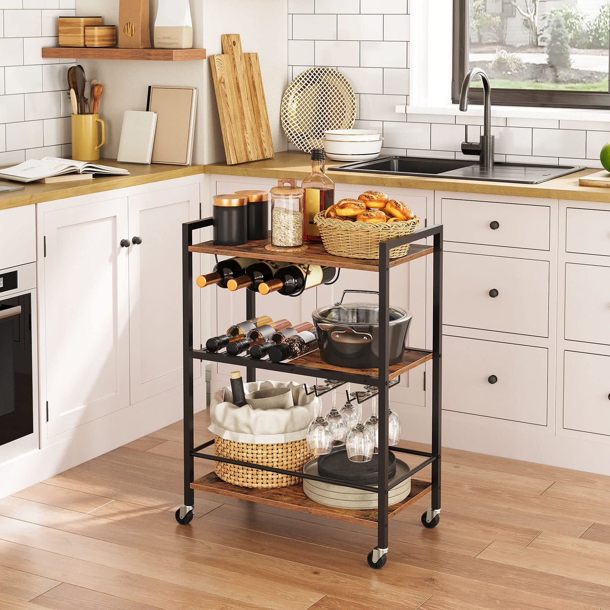 3-Tier Bar Cart with 4-Bottle Rack & 6-Glass Holder