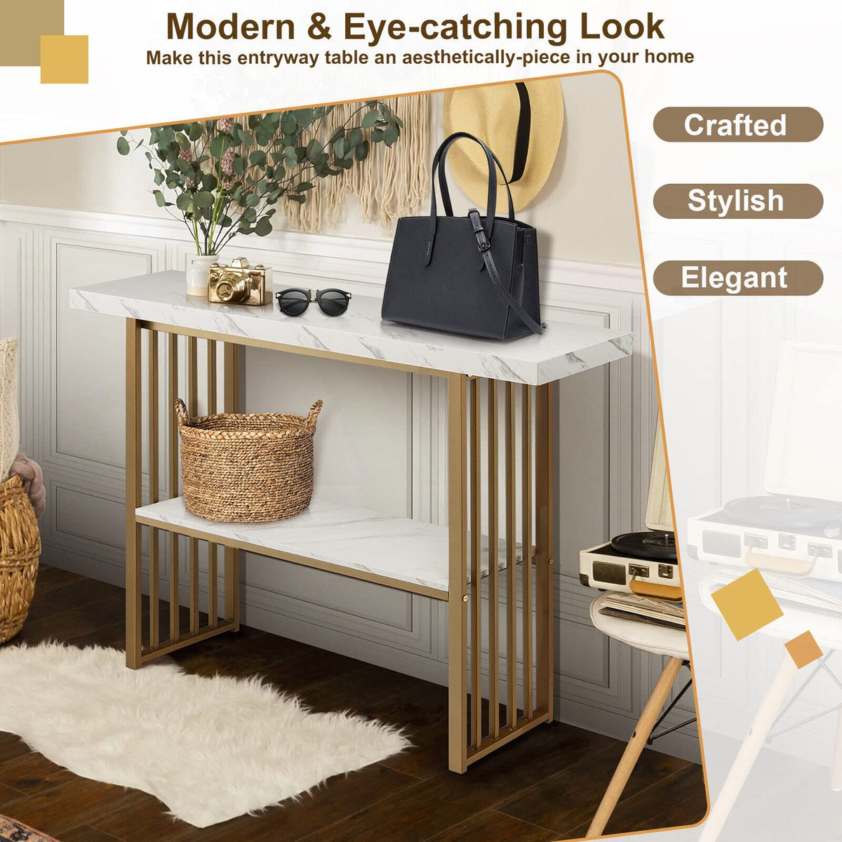 2-Tier Faux-Marble Console Table – White & Gold