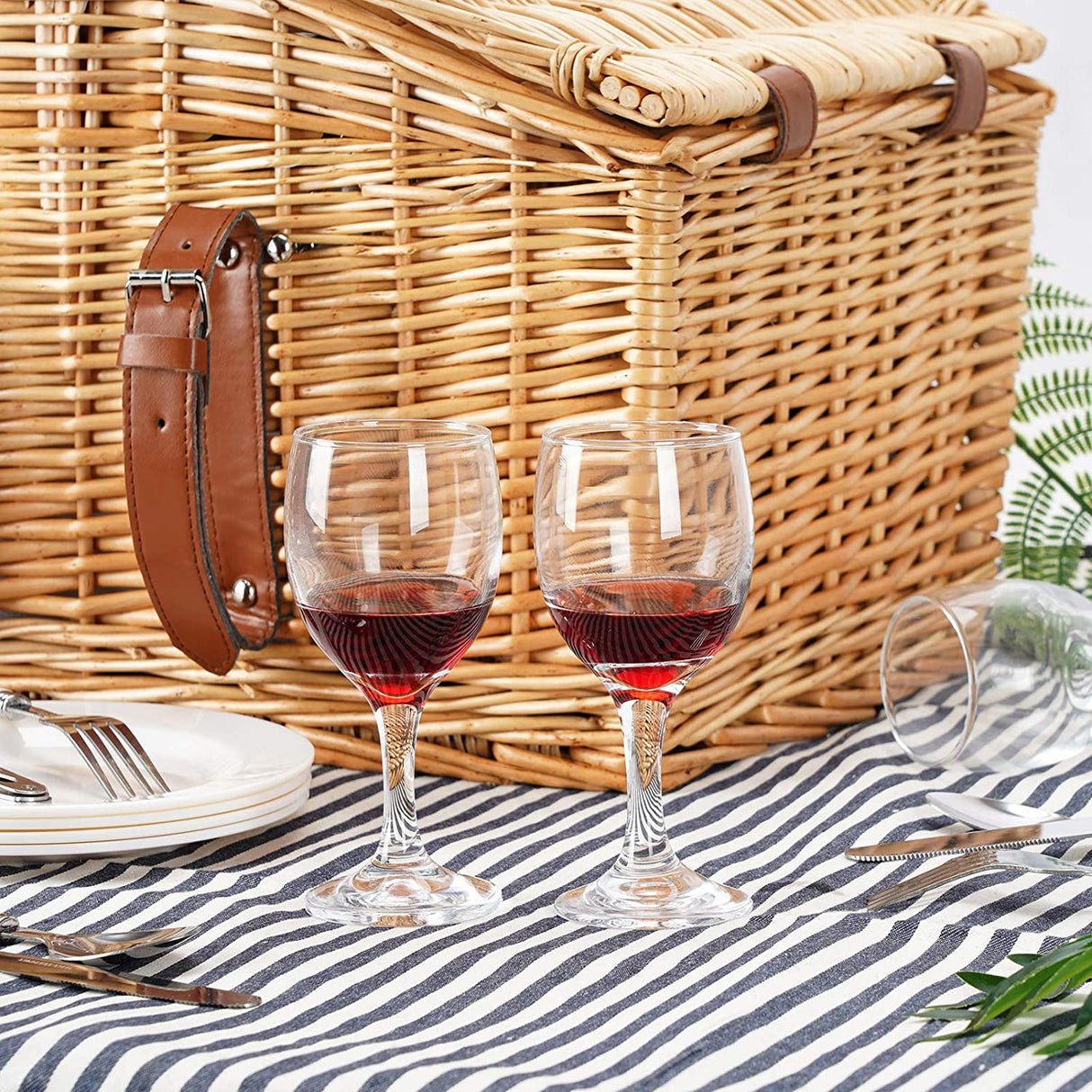 Picnic Hamper for 4 Persons with Double Lids and 'Built-in' Insulated Cooler, Natural Wicker Picnic Basket with Canvas Stripe Lining, Willow Picnic Set (Navy Stripe)