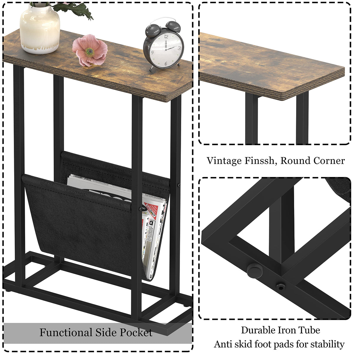 Gadroad Narrow End Side Table, Vintage Sofa Couch Table with Pocket, C Shaped Table for Coffee Snack Laptop, Rustic Brown.