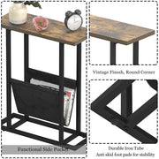 Gadroad Narrow End Side Table, Vintage Sofa Couch Table with Pocket, C Shaped Table for Coffee Snack Laptop, Rustic Brown.