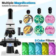 Monocular Microscope for Students and Kids, 200-2000x Magnification Powerful Biological Educational Microscope with Operation Accessories(10p), Slides Set(15p), Phone Adapter, Wire Shutter & Backpack