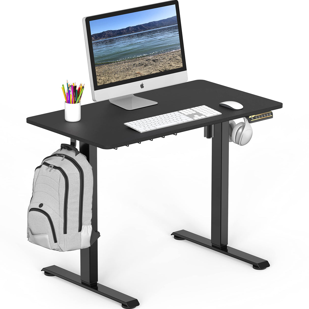 Small Electric Height Adjustable Sit Stand Desk with Hanging Hooks and Cable Management, 40 x 22 Inches, Black Frame and Black Top