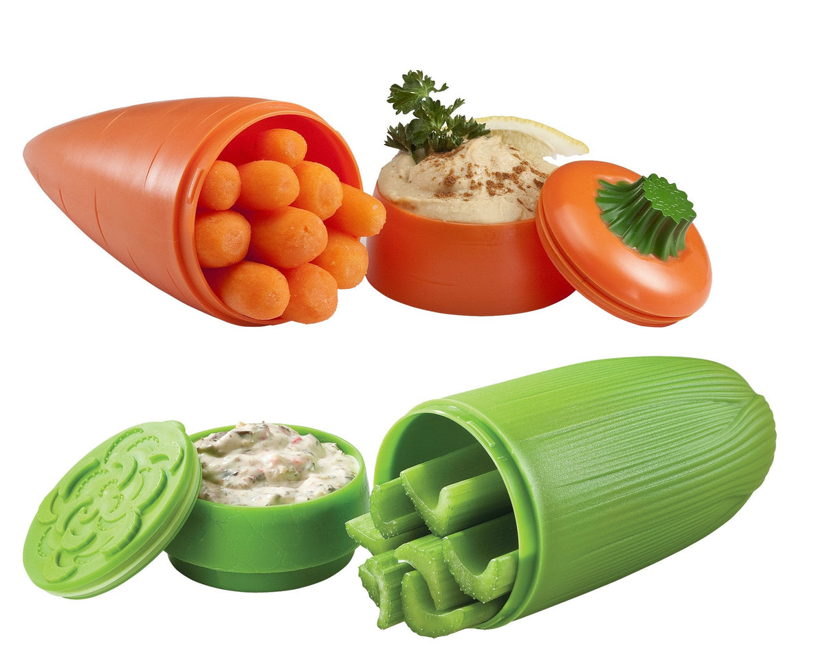 Hutzler Attack Snack Carrot & Celery Containers with Dip Cups – 2 Pack