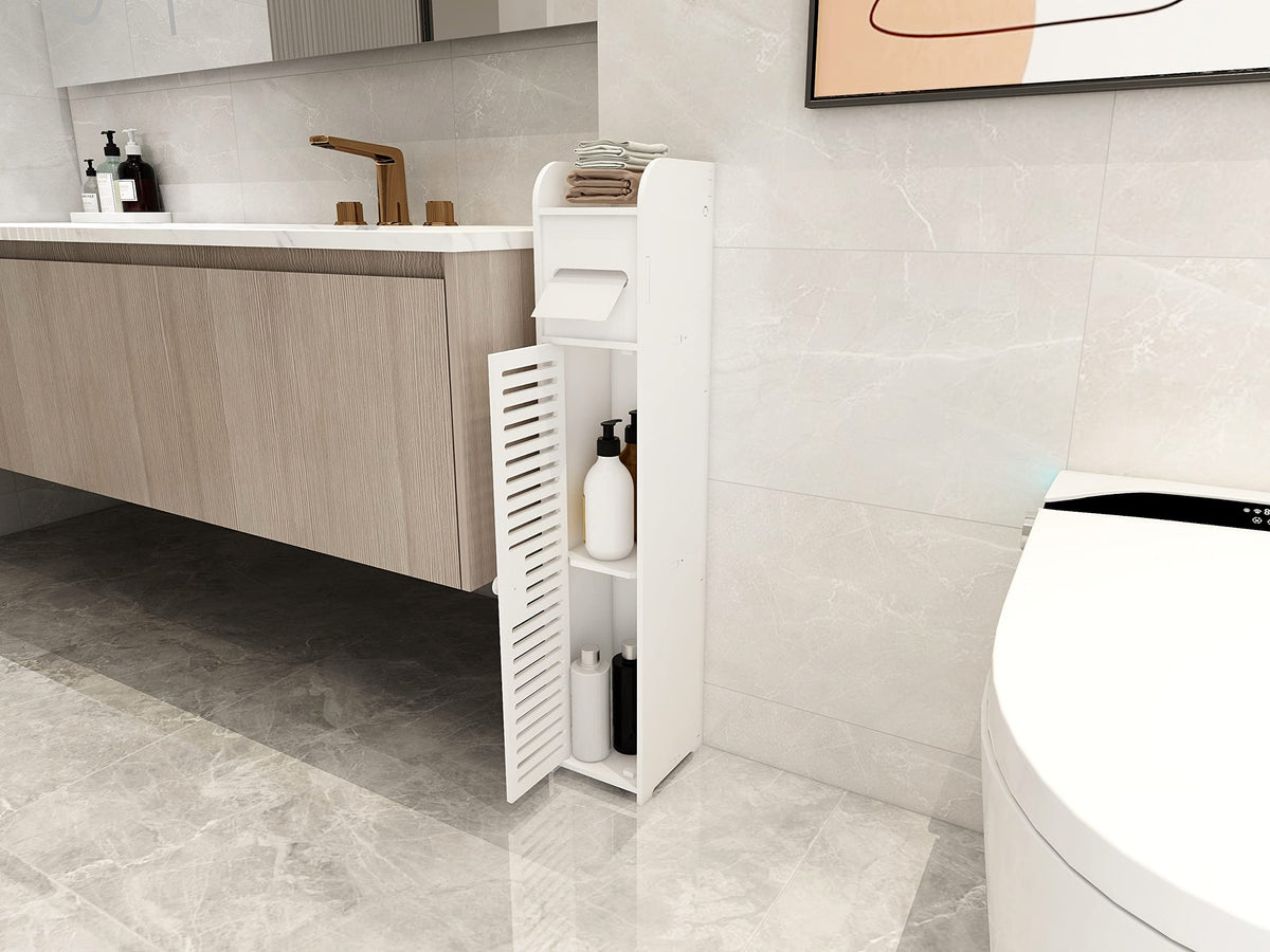 Slim Bathroom Cabinet with Toilet-Roll Holder & Shelves