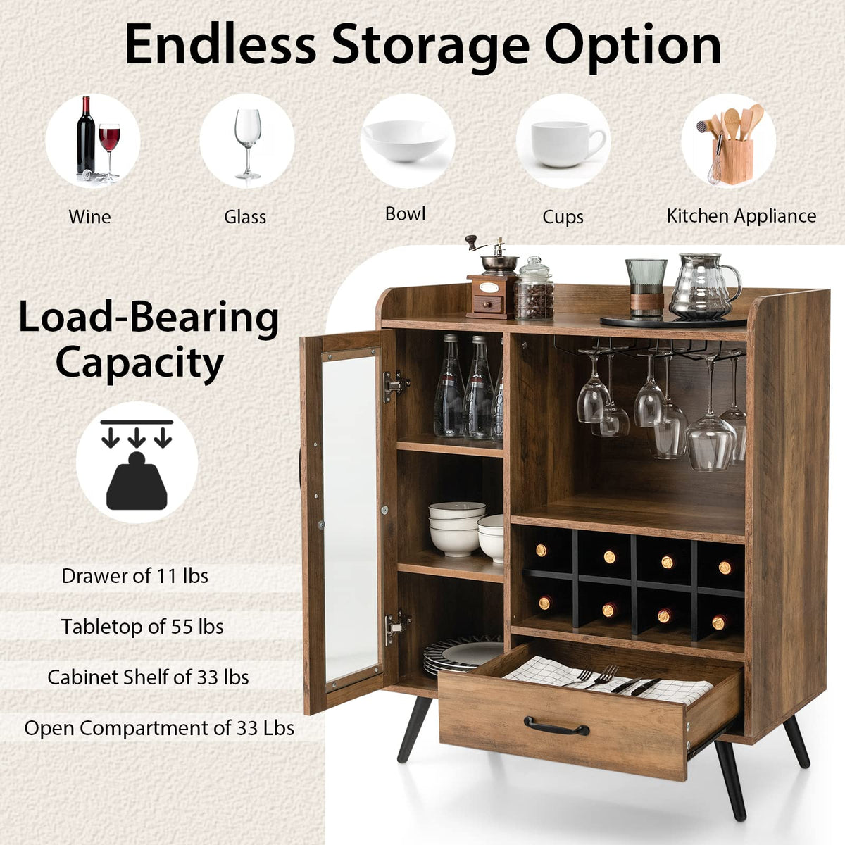 Wine Cabinet, Buffet Sideboard with Removable Wine Rack, Drawer, Shelves, Tempered Glass Door & Glass Holder, Wooden Wine Storage Sideboard for Kitchen, Dining Room, Living Room