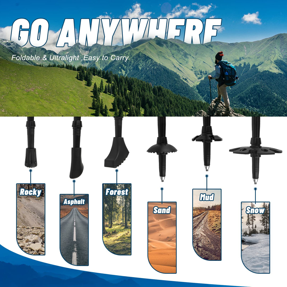 Trekking Poles 2 Pack Lightweight Telescopic Hiking Poles, Adjustable and Foldable Hiking Poles for Walking aid, Backpacking, Camping and Hiking