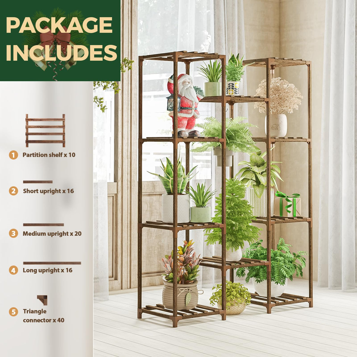 10-Shelf Eucalyptus Wood Plant Stand