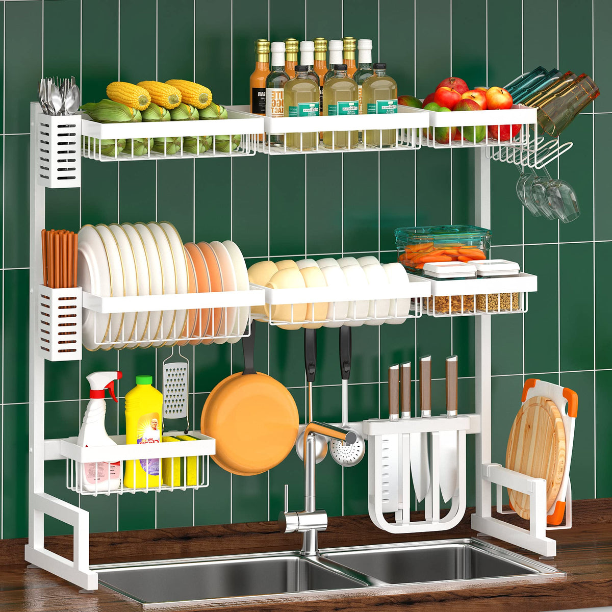 86–113 cm White 3-Tier Over-Sink Dish Drying Rack
