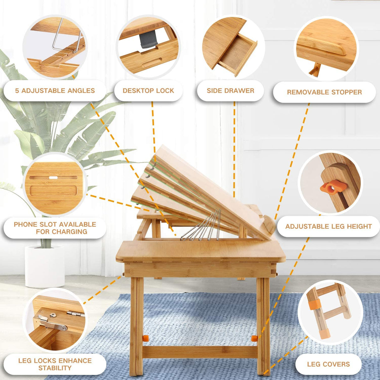 Laptop Tray Desk Newvante Bamboo Adjustable Table Foldable Breakfast Serving Right-Left Hand Bed Tray Coffee Tea Table Large Size