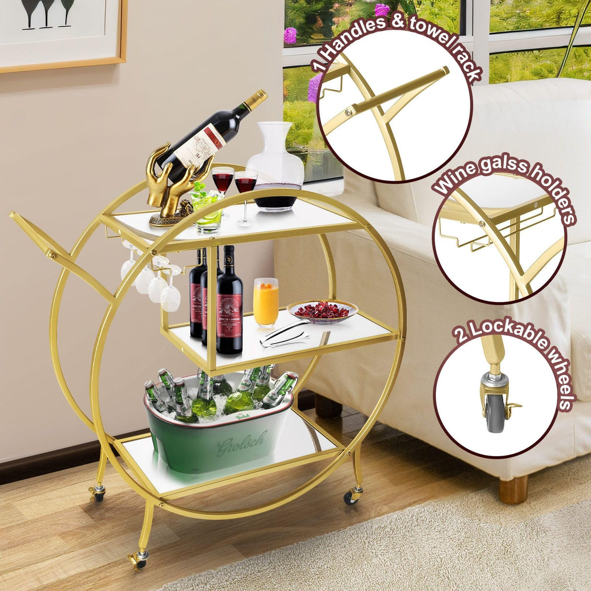 3-Tier Round Gold Bar Cart with Mirrored-Glass Shelves