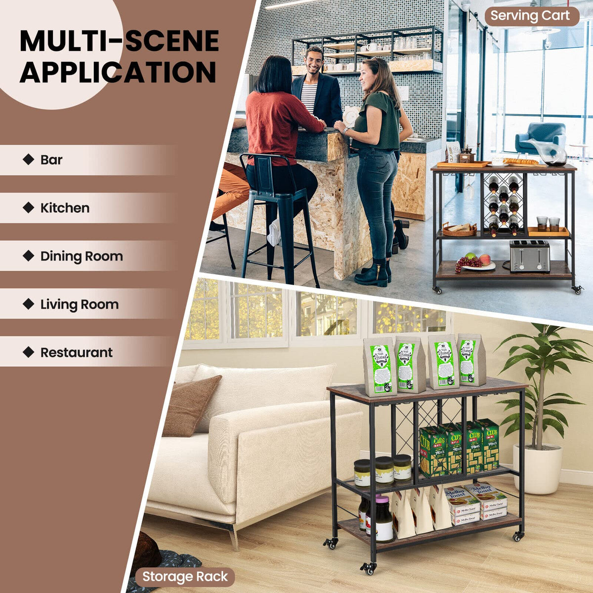 3-Tier Industrial Bar Cart with 8-Bottle Wine Rack