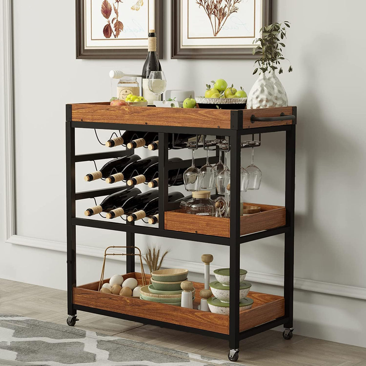 3-Tier Rolling Bar Cart with 12-Bottle Rack & Removable Trays
