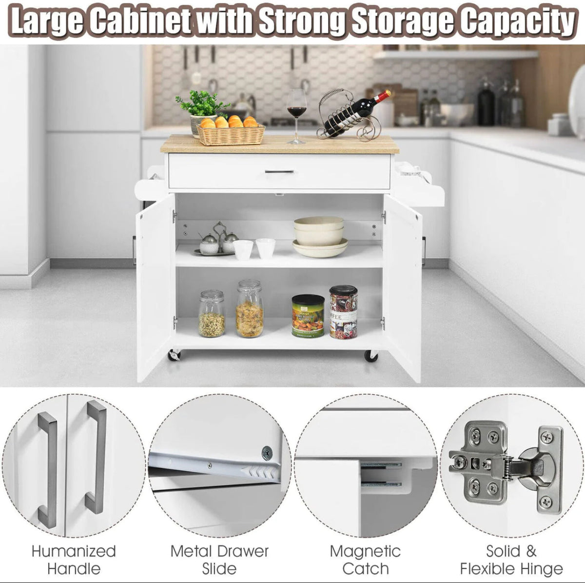 Rolling Kitchen Island with Drawer, Cabinet & Side Racks