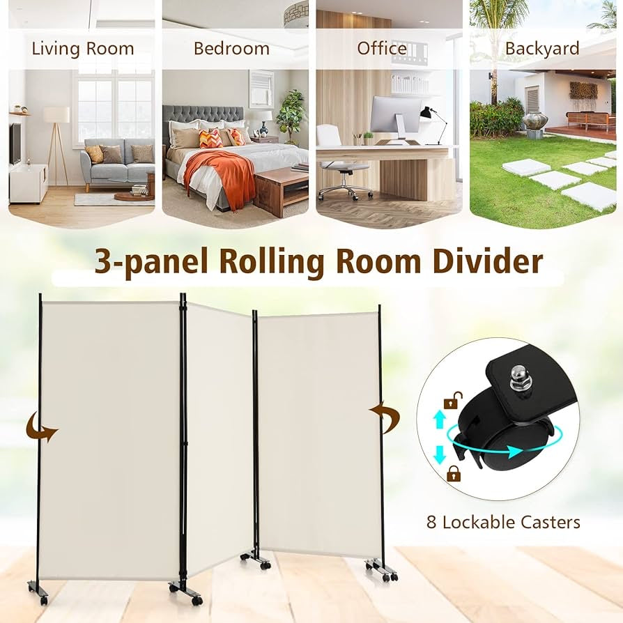 262 × 180 cm 3-Panel Rolling Room Divider – 4 Colours