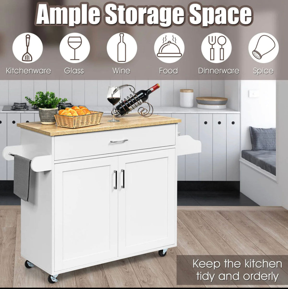 Rolling Kitchen Island with Drawer, Cabinet & Side Racks