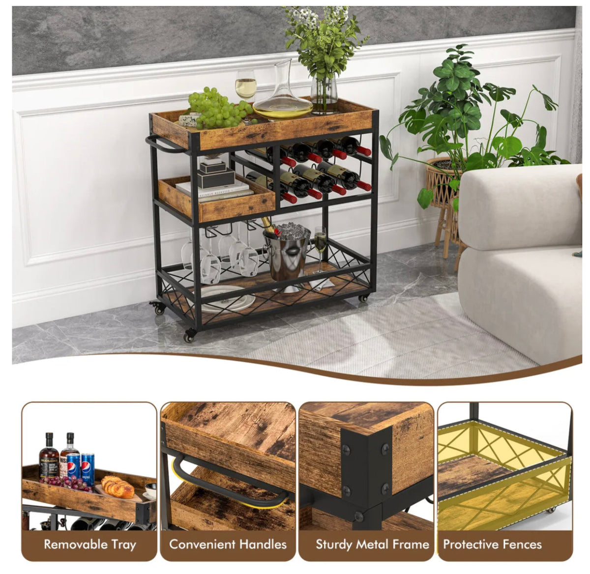 3-Tier Rolling Bar Cart with Removable Serving Tray