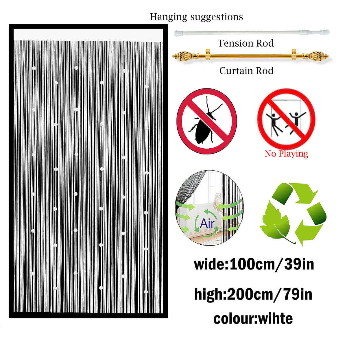 99 × 201 cm Beaded String Door Curtain – 10 Colours